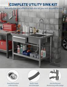 Fregadero Industrial de Acero Inoxidable Extra Grande con Cajón - Estación de Lavado Resistente para Cocina, Lavandería, Garage o Negocio - Plateado - Ver 5