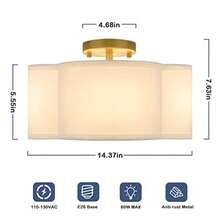 Lámpara de techo de 4 luces de 14.4 pulgadas con montaje semiempotrado color dorado moderna cerca del techo con visualización de tela blanca acabado de latón brillante para guardería habitación de-003 - Blanco & Oro - Ver 4