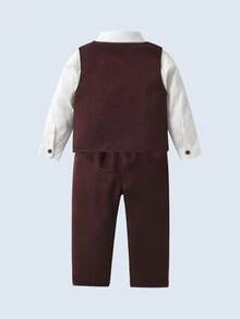 BOARNSEORL 3pcs Young Boys Gentleman Outfit - White Shirt, Bow Tie, Burgundy Vest & Pants, Suitable For Birthday, Christmas, New Year Party, Wedding, Anniversary - Burgundy - View 3