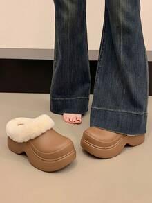 女士纯色户外EVA冬季无后跟头套拖鞋，厚底室内加绒低帮雪地靴，保暖舒适的家居鞋 - 卡其色 - 查看 5