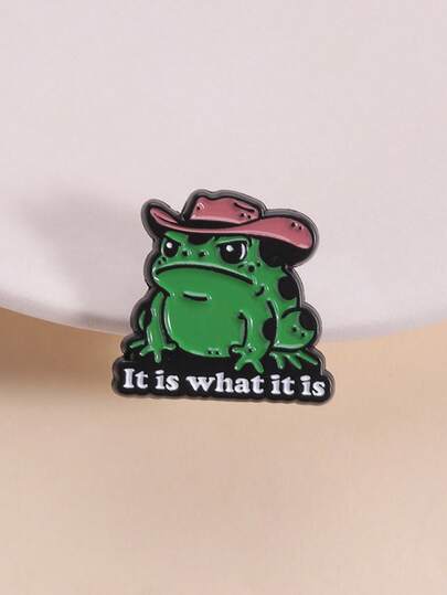 1枚幽默低调表情徽章，牛仔帽青蛙无奈表情，标语“就这样吧”，适合网络迷因爱好者，趣味穿搭和懒散心态展示场景