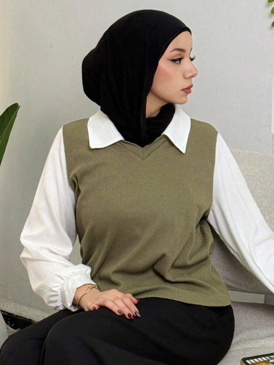 DAZY Blusa informal de manga larga con cuello de solapa y bloques de color para mujer, casual de negocios, otoño - Verde Oliva - Ver 1
