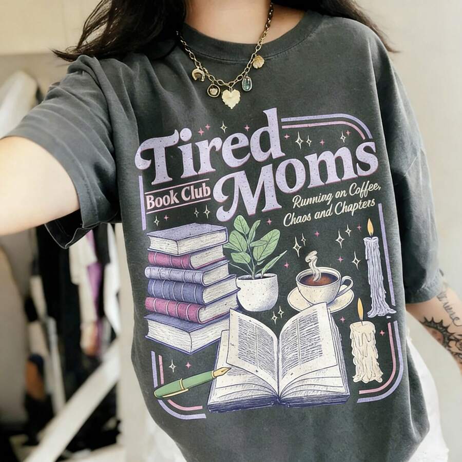 Tired Moms Book Club Shirt, Retro Coffee Reader Tee, Book Lover Gift, - Black - View 1