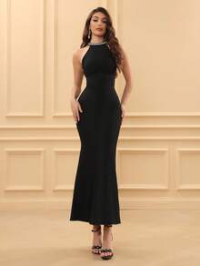 Love Aing Elegant Middle Eastern Style Rhinestone Chain Dress, Handmade, Luxurious Formal Evening Gown, Mermaid Silhouette, Autumn Wedding Party Black - Black - View 2