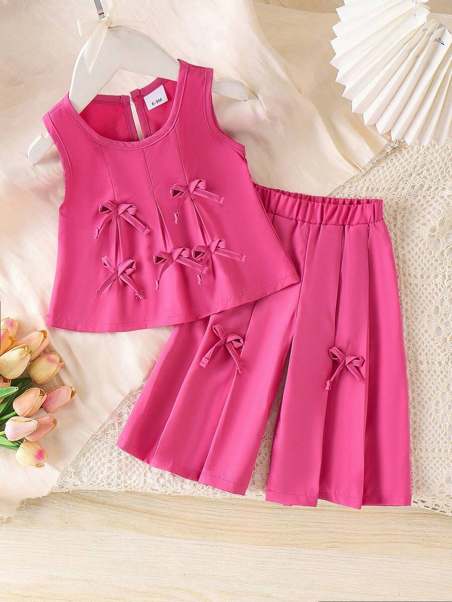 2pcs Baby Girls Cute Pleated Bow Sleeveless Top And Long Pants Set, Summer - Hot Pink - View 1
