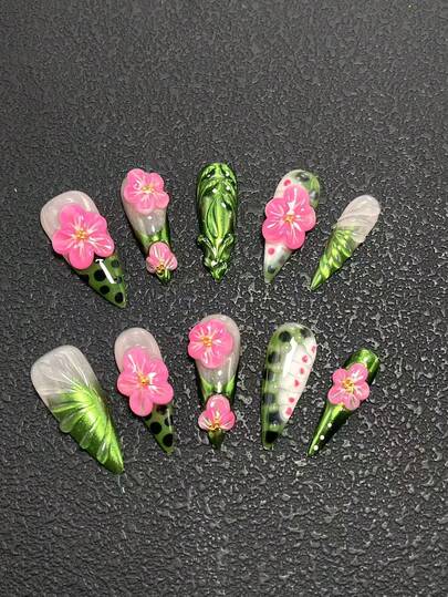10-Piece Pure Handmade Wearing Nail Press Nail 33mm Thin High Heel Long Nail Multi-Color With Green Fashion Glasses Pink Decoration Three-Dimensional Modeling Glue Carving Craft Fashion Versatile Suitable For Women To Wear. There Are Three Sizes To Choose From, Suitable For A Variety Of Occasions, Party Dance And Daily Wear Nails Handmade Press On Nails