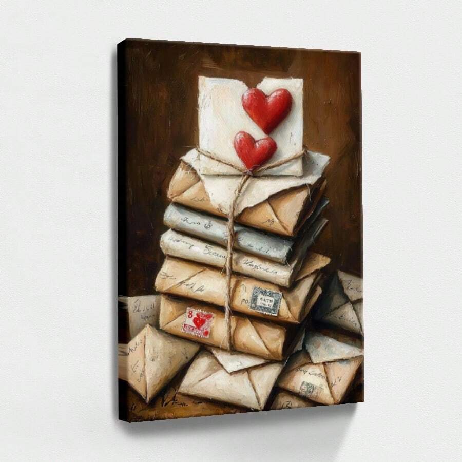 1 pieza Arte de pared Amor, Love You, Regalos de Galentines, Cuadro de lienzo enmarcado, Póster vintage, Pila de sobres, Corazón rojo, Atado con cuerda - Vintage, Acuarela, Estilo pincelada expresiva, Regalo ideal, para sala, recámara, oficina, incluye accesorios - Lienzo enmarcado, Vertical - Lienzo enmarcado - Ver 1