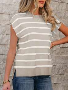 CILKOO Striped Side Slit Round Neck Short Sleeve Sweater T-Shirt - Dusty Purple - View 2