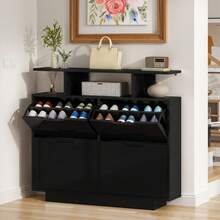 BALCONERA Schmaler Hochglanz Schuhschrank Weiß mit 4 Klappen & Schuhkipper, 120x24x106 cm (16-24 Paar), unterschiedliche Fachhöhen 37/43 cm für Flur - Schwarz - Übersicht 1