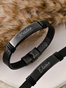 1pc Customized Name Bracelet, Personalized Leather Bend Plate Bracelet, Customized Engraved Name Bracelet, DIY Name Bracelet, Engraved Name/Date/Symbol Customized Jewelry, Unisex Customized Valentine's Day Name Bracelet - Leather Engraved Bracelet - View 5