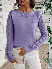 Women's Minimalist Hollow Out Knit Sweater, French Elegant Slim Fit For Commuting And Casual Layering - Purple - View 2