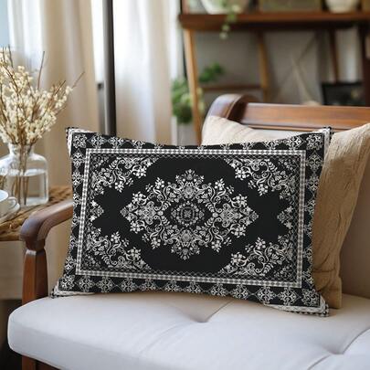 1个黑白花卉图案抱枕套，柔软桃皮绒面料，单面印花，尺寸30*50厘米/40*60厘米，适用于客厅、卧室、沙发、家居装饰、节日礼物，不含枕芯