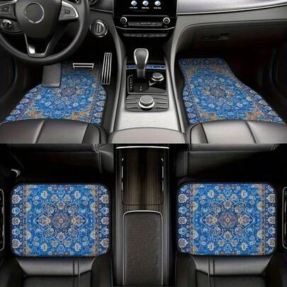 4pcs Vintage Car Floor Mats - Blue Background Car Mats, Digital Printing, Durable Polyester, Fit All Car Models, Universal For Car Interior Protection And Decoration Accessories, Vivid Car Decor, Easy To Clean Material