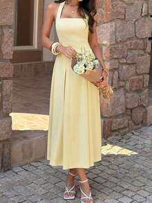 Unadoll 女士夏季休闲性感露背吊带连衣裙，荷叶边设计，优雅迷人，适合约会、度假、情人节、生日和派对等场合。 - 黃色 - 查看 10