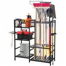 3 Tier Garden Tool Organizer With Top Basket, Shed Organizer Garden Tool Holder 35 Long-Handled Tools, Yard Gardening Tools Storage Rack For Outdoor Backyard Deck - Black - View 2