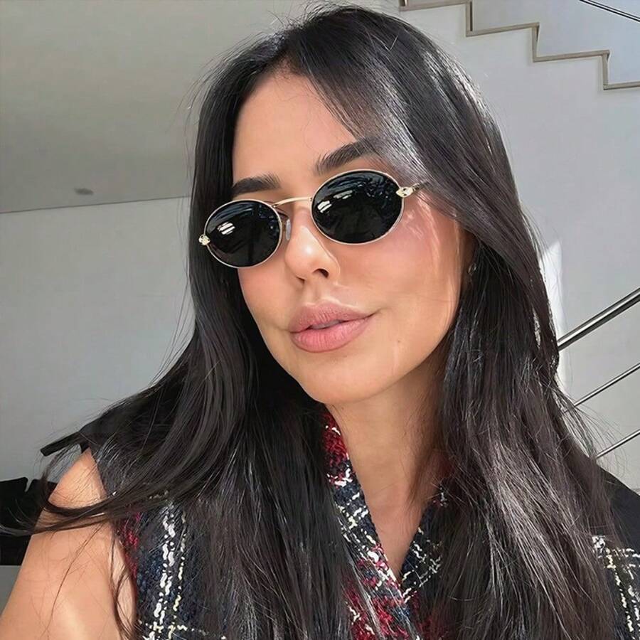 1 par de gafas de mujer con montura metálica ovalada pequeña de alta gama y de moda - Multicolor - Ver 1