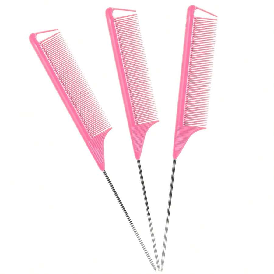 3-Piece Hair Styling Comb Set: Long Steel Pin Tail Combs For Parting & Teasing - Pink - Pink - View 1