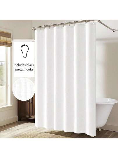 1pc Thick Waterproof Shower Curtain, White Faux Linen Shower Curtain With Metal Hooks - Thick, Quick Dry Fabric For Bathroom Privacy And Decor