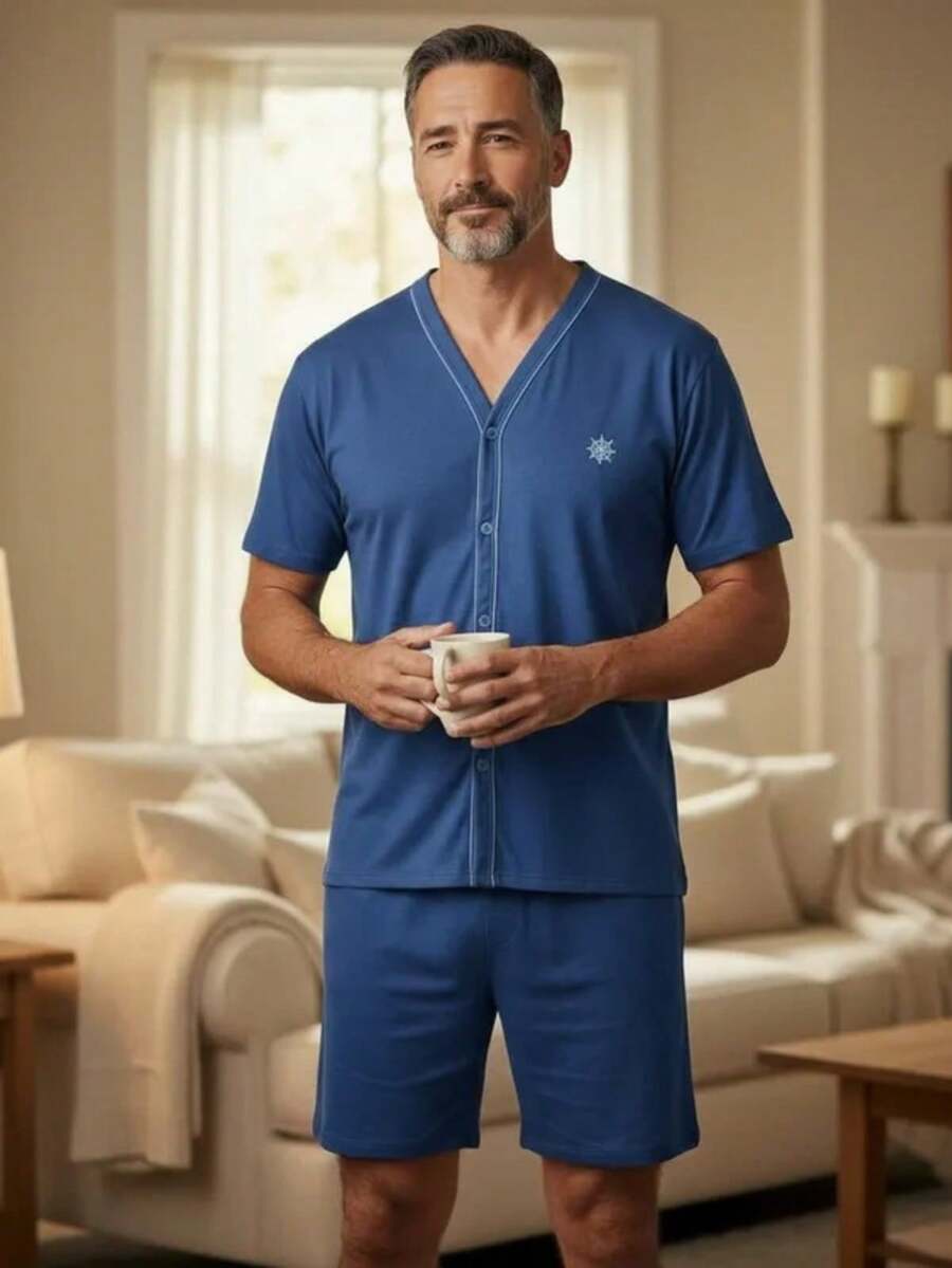 Men's Button-Down Post-Surgical Pajamas, Short Sleeves, Senior Style, High-Quality Knit Fabric - 藏蓝色 - 查看 1