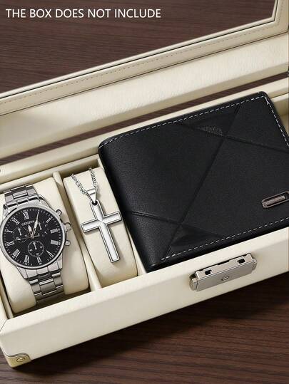 3PCS Minimalist Business Men's Quartz Watch Set, Men's Accessory Set (Including Silver Alloy Strap Black Dial Roman Numeral Chronograph Quartz Watch, Cross Pendant Silver Necklace, Black Textured Leather Wallet). Featuring Cool Silver Metal And Black Leather As The Base, The Watch Has A Black Dial With Roman Numeral Markers To Enhance Its Vintage Feel, A Chronograph Function For Practicality, And A Metal Strap For Comfortable Wear.