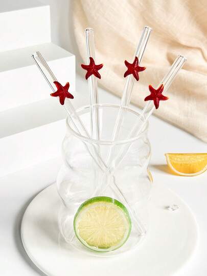 2/4支装玻璃吸管，饰有红色海星图案，适用于水杯，卡通可重复使用弯曲透明吸管餐具套装，配有清洁刷，厨房配件，吸管装饰，冷饮，奶茶，咖啡，果汁，冰沙，酒吧，家居，餐厅，单身派对用品，婴儿派对，婚礼，鸡尾酒会，返校季，送给男女朋友、父母、朋友的趣味礼物，节日用品，夏季，夏威夷风情，毕业季，复活节礼物