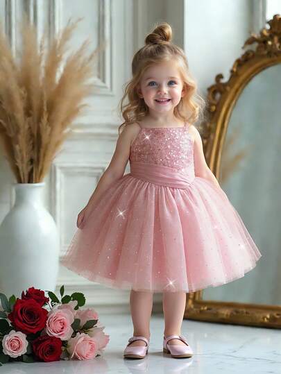 Babyflickor med spaghettiband, paljett- och mesh-mönster, elegant födelsedagsfestklänning, lämplig för blomsterflicka, bröllop, utomhusfest, utan pannband