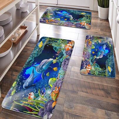 1pc Tropical Fish & Coral Pattern Bath Mat, Soft Plush Surface, Home Decor, Bathroom Decor, Kitchen Decor, Doormat, Anti-Fatigue Mat, Ocean Theme Decoration, Comfortable Underfoot, Relieve Foot Fatigue