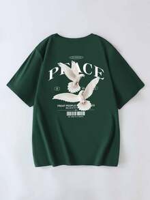 女士休闲宽松鸽子印花短袖T恤 - 綠色 - 查看 3