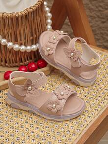 1 par de sandalias de verano para niñas, de unicolor a la moda, con puntera abierta, suela blanda, cierre de gancho y bucle, con flores y perlas, cómodas y planas. Corre pequeño. - Rosa vieja - Ver 7