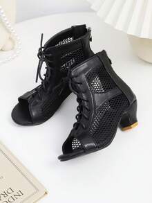 1 Pair Girls' High Heel Sandals, Mesh Hollow Vamp, Bowknot Criss-Cross Straps, Open Toe, Back Zipper Design, Suitable For Parties And Gatherings - Black - View 4