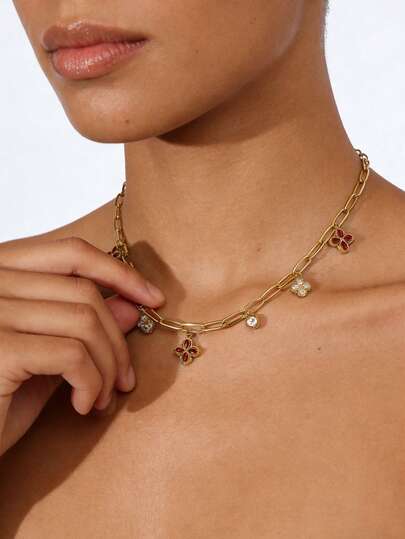 1件优雅奢华时尚高端精致18K镀金不锈钢锆石四叶花、水滴、心形吊坠项链，适合节日、约会、日常佩戴、工作、派对、聚会等场合，女士适用。