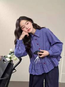Women's Cotton  Blue Plaid Shirt, Ruffle Long Sleeve Shirt Top, Short Fall 2026 Spring - Blue - View 2