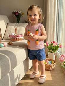 Toddler Baby Girls Easter Outfits 2 Piece Spring Summer Clothes 3D Carrot Waffle Sleeveless Tank Tops And Denim Shorts Set - Pink - View 1