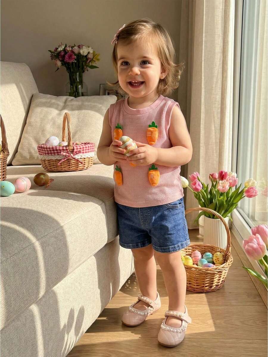 Toddler Baby Girls Easter Outfits 2 Piece Spring Summer Clothes 3D Carrot Waffle Sleeveless Tank Tops And Denim Shorts Set - Pink - View 1