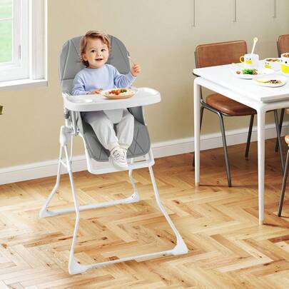  COSTWAY Foldable High Chair For Babies And Toddlers, Portable High Chair With 3-Level Adjustable Tray & Footrest, Removable PU Seat Cushion, High Chair W/ 5-Point Harness & Anti-Falling Baffle, Grey