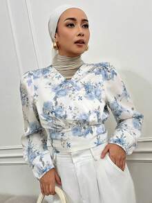 DAZY Áo kiểu nữ dài tay cổ chữ V in hoa bằng vải chiffon, áo dài tay, thích hợp cho mùa thu và nghỉ lễ. - Màu xanh lam - Xem 5