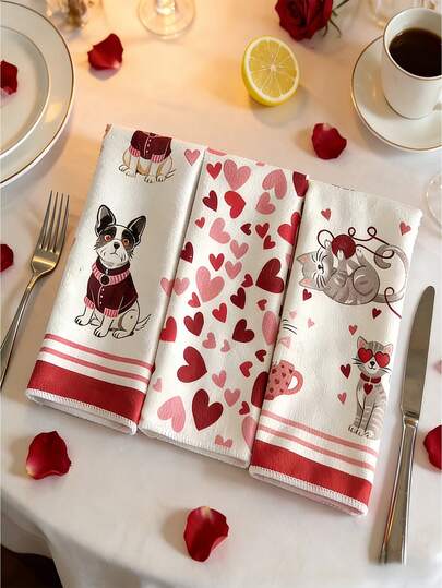 2件套超柔软猫狗爱心图案厨房毛巾 - 家居装饰和礼品的完美之选，猫狗爱好者的理想之选，适合派对、生日、婚礼和户外活动