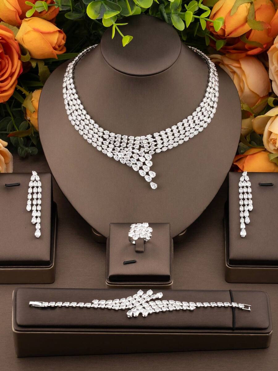 1 Set Luxury Elegant Cubic Zirconia Interlocking Design Jewelry Set, Suitable For Women's Wedding And Banquet Wear, Includes 1 Pair Earrings, 1 Necklace, 1 Bracelet, 1 Ring, Excludes Gift Box - Silver - View 1