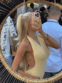 Women Sleeveless Knitwear Midi Sweater Dress Semi-Sheer Medium Stretch Regular Hem Perfect For Summer Beach Wear Spring - Yellow - View 2
