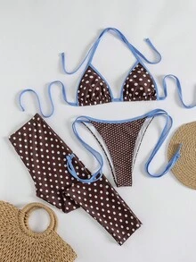 女士新款棕色底白色波点浅蓝色滚边挂脖泳衣套装，复古紧身长腿显瘦，清新复古沙滩波点派对泳装套装 - 棕色 - 查看 4