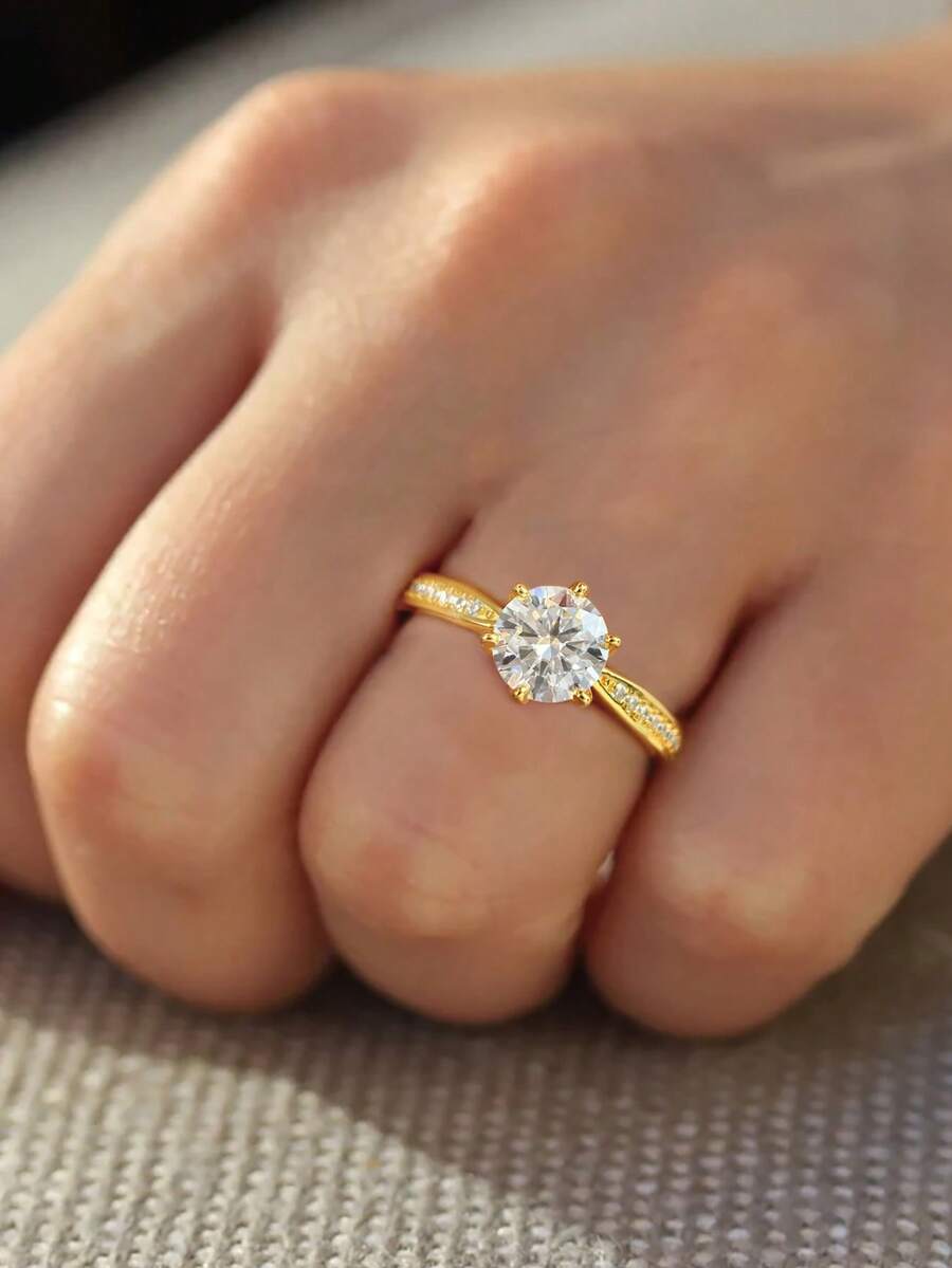 1枚优雅V形锆石叠戴戒指，925纯银精美珠宝，节日礼物、生日礼物，适合女性日常佩戴、约会佩戴 - 金色 - 查看 1