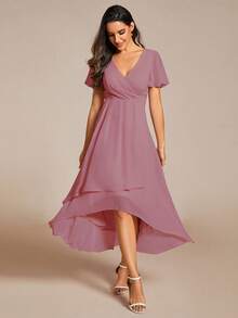 EVERPRETTY Elegante vestido de dama de honor de gasa con cuello en V y fruncido delantero en color rosa, con dobladillo de volantes suave de largo asimétrico, adecuado para invitados de boda y ocasiones formales de noche - Rosado Sandía - Ver 6