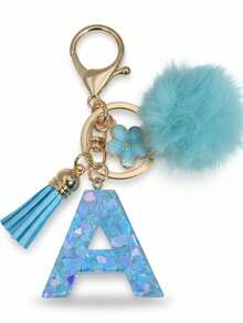 1pc Blue Heart Letter Keychain With Butterfly & Flower Decor, Women Bag Charm, Gift Keyring With Pom Pom Gifts For Mother, Father, Graduation, And Teacher - Baby Blue - View 12
