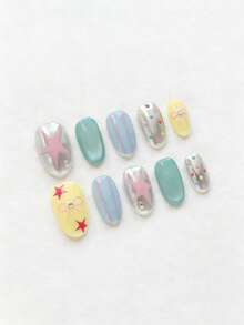 10pcs Pure Handmade Press On Nails Short Nails Oval Nails Multicolor Nails Cute And Edgy Style Dopamine Color-Block Press-On Nails With Silver Mirror Finish, Featuring Hand-Painted Bowknots, Stars, Stripes And Polka Dots, Minimalist, Eye-Catching And Vibrant For Women And Girl,Spring Summer Fall Winter Festivals Party And Daily Life Use Handmade Press On Nails - Multicolor - View 2