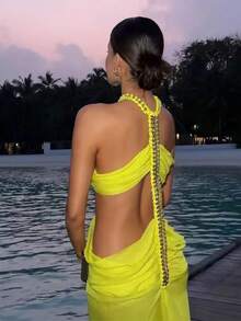 Women Summer Dress Sexy Irregular Halter Dress, Two Low Waisted Slit Dresses Chiffon Long Bikini Dress Off-Shoulder Backless Dress Festival Outfit Elegant Sleeveless Dresses For Women Boho Clothing Formal Gowns For Women Evening Elegant Prom Dresses Emerald Green Formal Dress Wedding Guest Hawaii Vacation Party Outfit - 螢光黃 - 查看 4