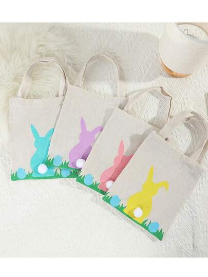 1pc Easter Bunny Gift Tote Bag, Cute Pom Pom Handle Tote Bag, Rabbit Ear Gift Bag, Portable Storage Bag, Holiday Gift Packaging Bag, Suitable For Birthday, Easter Party, Home Storage, Shopping (Multiple Colors)