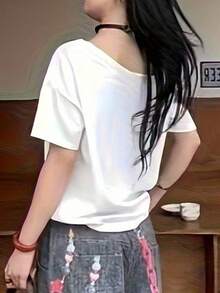 Women's Short Sleeve Polyester Regular Length T-Shirt, Unique Pattern Casual White Summer - White - View 2