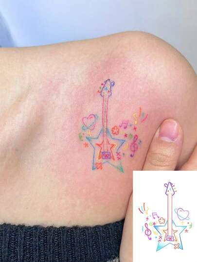 1pc Y2K Style Colorful Guitar Graffiti Temporary Tattoo, Waterproof Music Festival Sticker, Cute Music Notes & Stars Tattoo Sticker, Lasts 1-3 Days