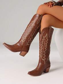 Womens Embroidered Cowgirl Knee High Boots Pointed Toe Block Heel Western Cowboy Boots For Women Casual Outings Festivals - màu nâu - Xem 2