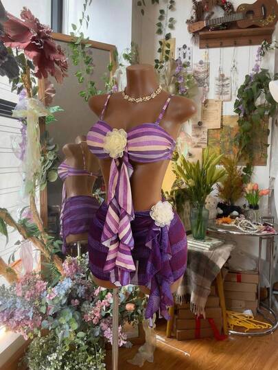 Women's Summer Striped Print Bandeau Top, High Cut Bottoms, Skirt Swimsuit Set With Floral Accessories